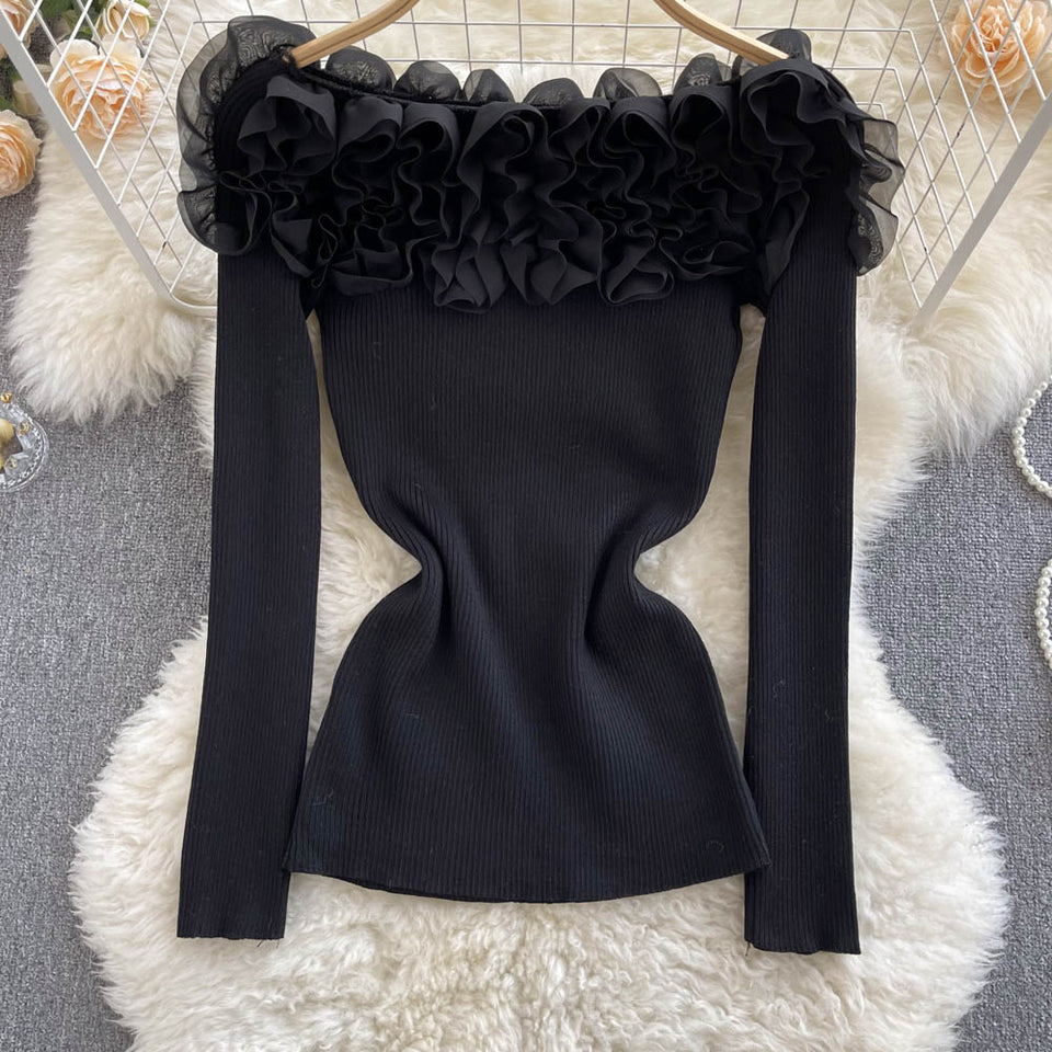 Askılı 3D Çiçek Desenli Triko Üst