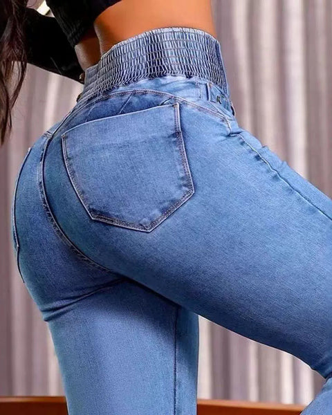 ENTA Elastik Bel Yüksek Bel Düğmeli Streç Dar Jean Pantolon