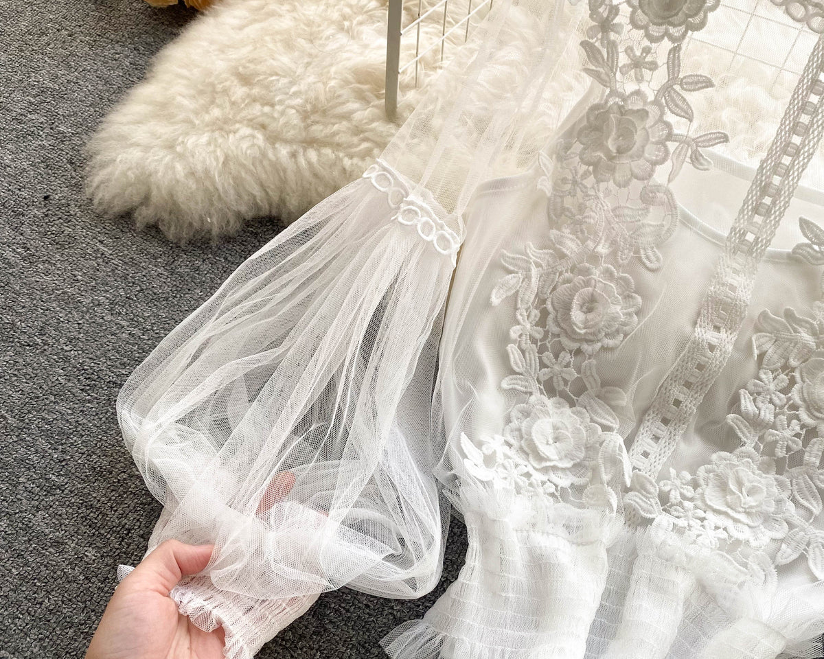 File Fener Kol Dantel İşlemeli Gömlek