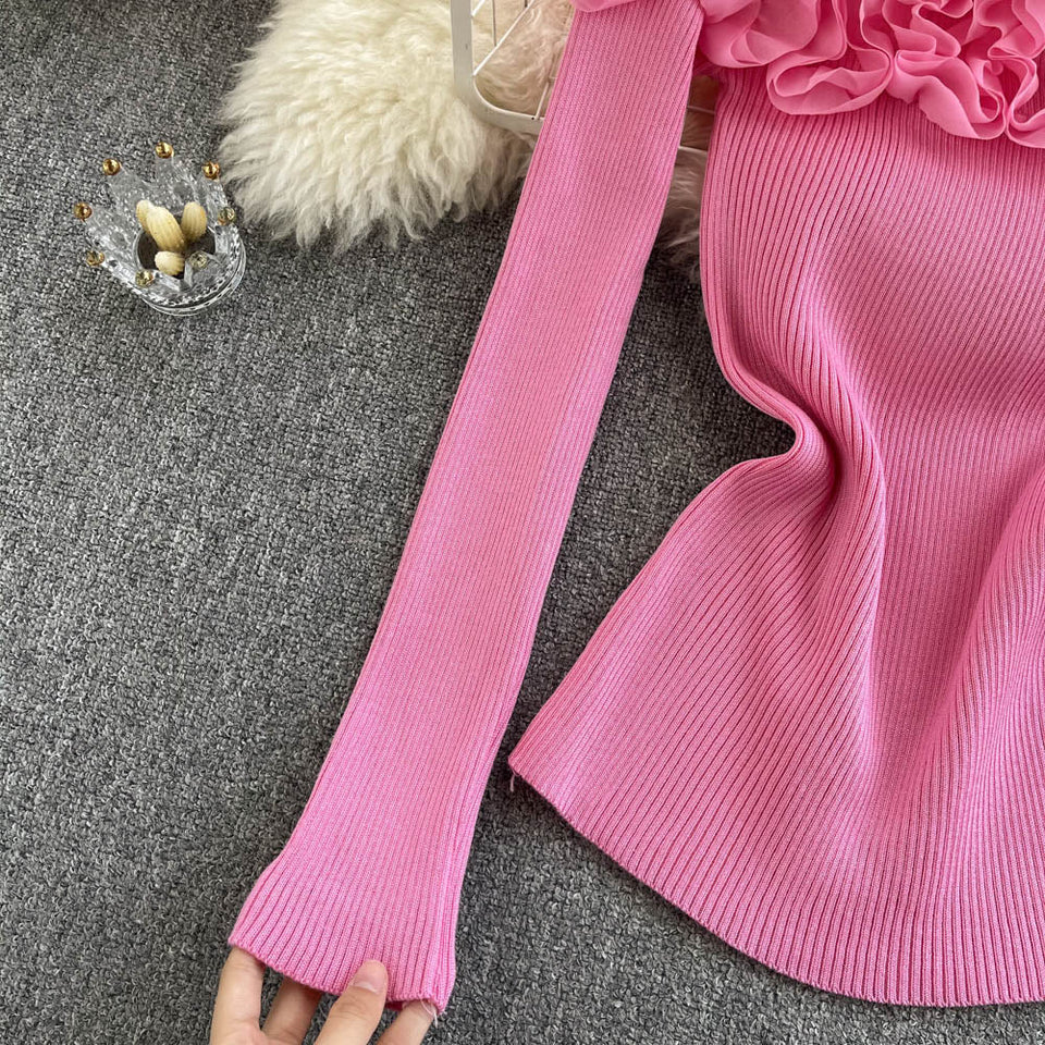 Askılı 3D Çiçek Desenli Triko Üst