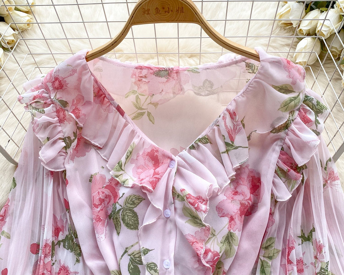 Tatlı Ruffled Şifon Çiçekli Bluz