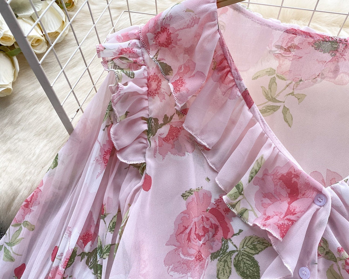 Tatlı Ruffled Şifon Çiçekli Bluz