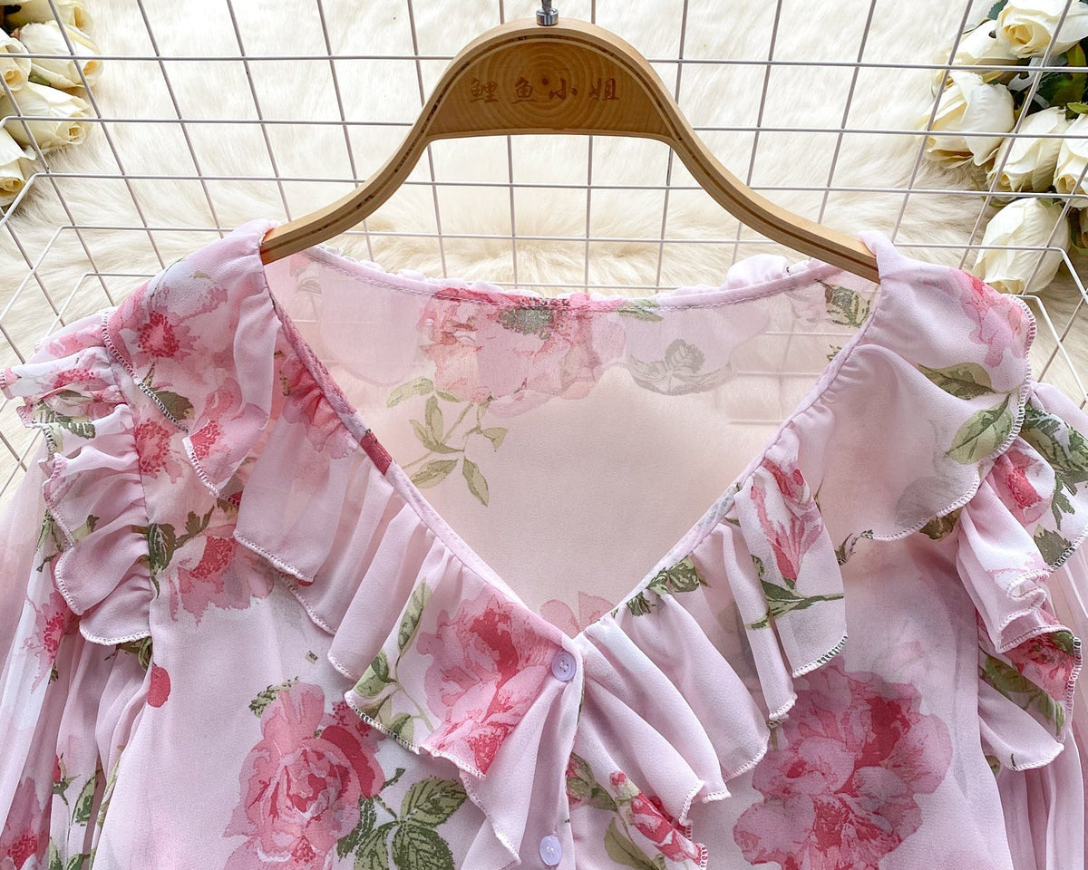 Tatlı Ruffled Şifon Çiçekli Bluz