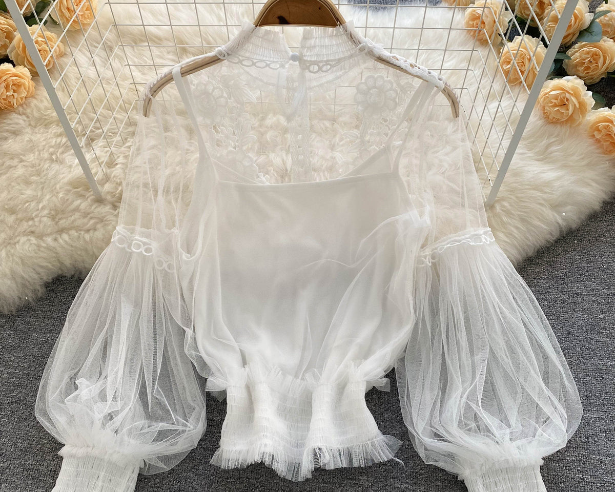 File Fener Kol Dantel İşlemeli Gömlek