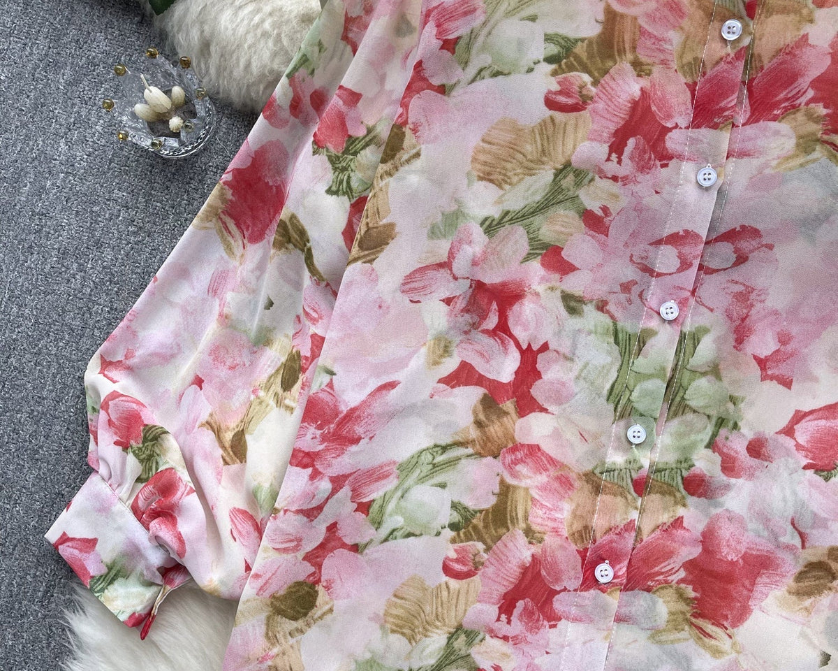 Bahar Çiçekli Desenli Şifon Bluz