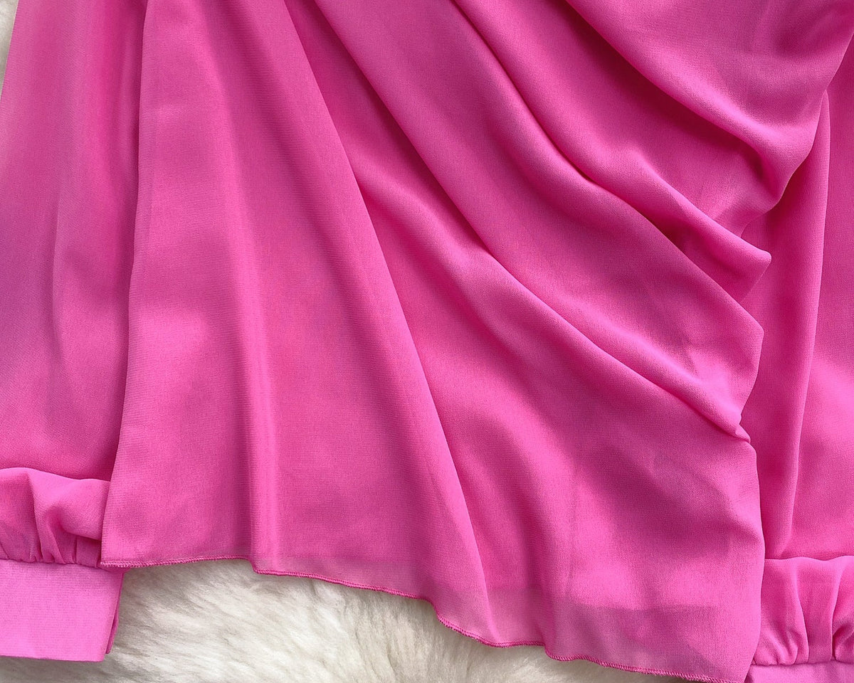 Tek omuzlu 3D Çiçekli Şifon Bluz