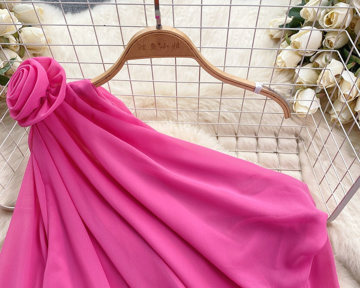 Tek omuzlu 3D Çiçekli Şifon Bluz