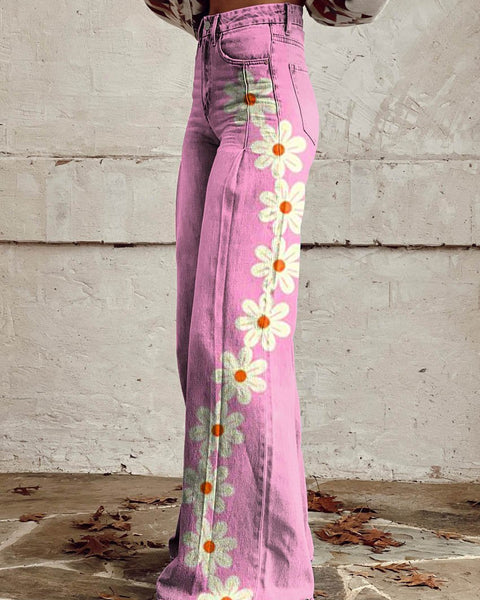 Çiçek Açan Pembe Papatya Salaş Pantolon