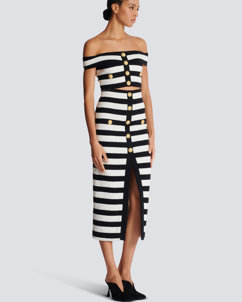 Alizey Askılı, Çizgili, Düğmeli Etek Takımı ile Yırtmaç