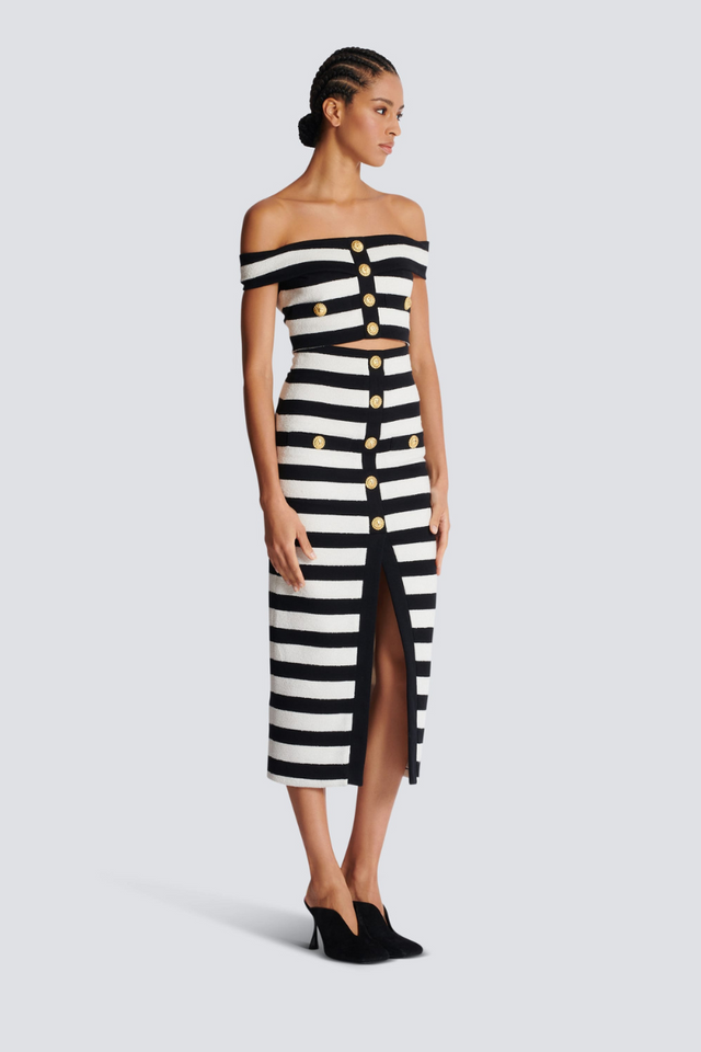 Alizey Askılı, Çizgili, Düğmeli Etek Takımı ile Yırtmaç