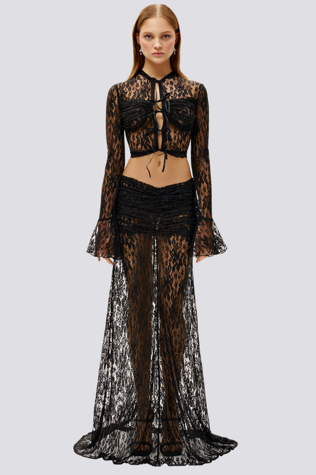 Calixte – Uzun Kollu, Volanlı Dantel Etek Seti Siyah