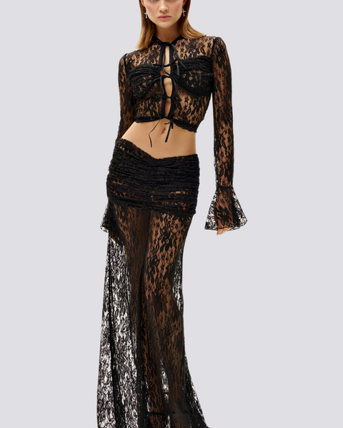 Calixte – Uzun Kollu, Volanlı Dantel Etek Seti Siyah