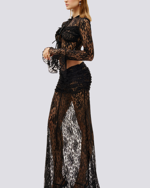 Calixte – Uzun Kollu, Volanlı Dantel Etek Seti Siyah