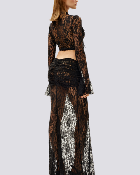 Calixte – Uzun Kollu, Volanlı Dantel Etek Seti Siyah