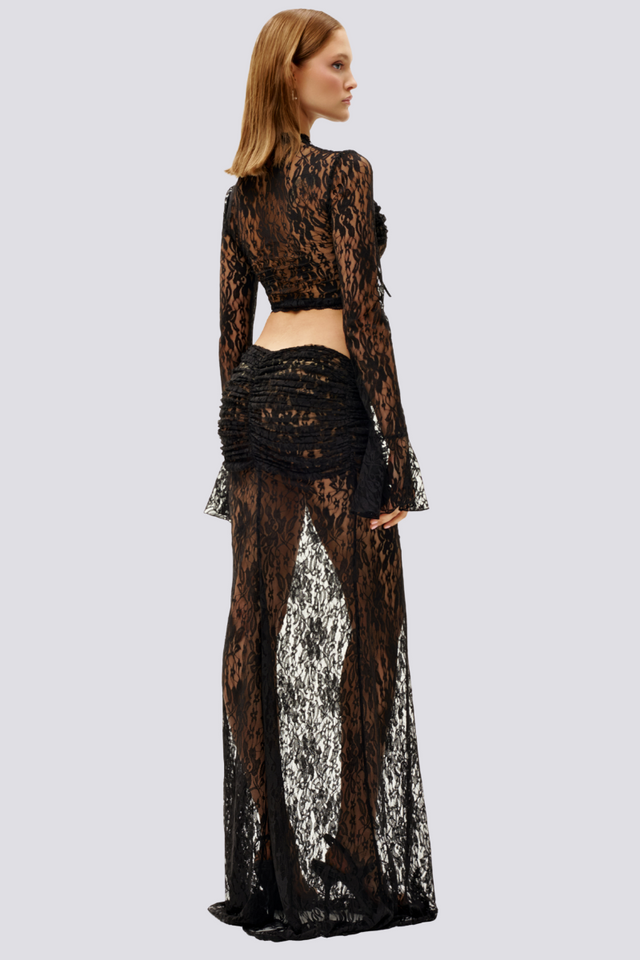 Calixte – Uzun Kollu, Volanlı Dantel Etek Seti Siyah