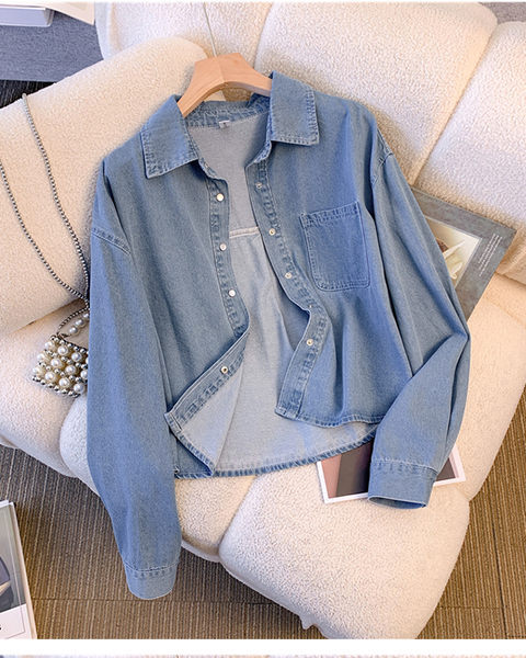 Basit Tasarım Tek Düğmeli Kot Gömlek