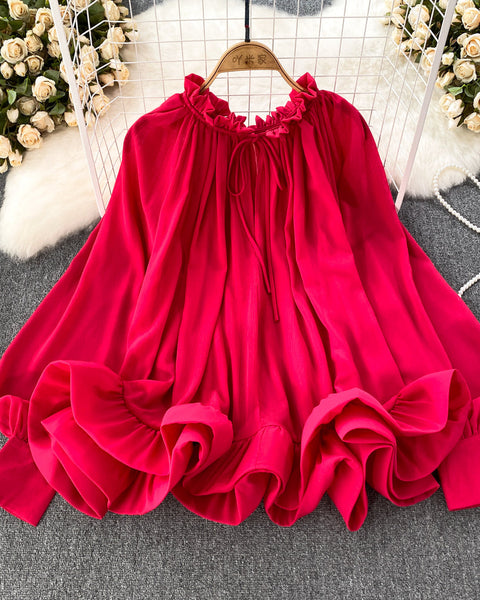 Yuvarlak Yaka Volanlı Şifon Bluz