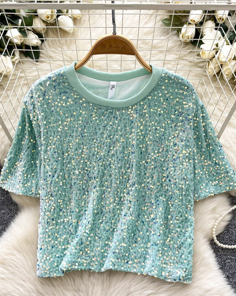 Crew Neck Payetli Kısa Tişört
