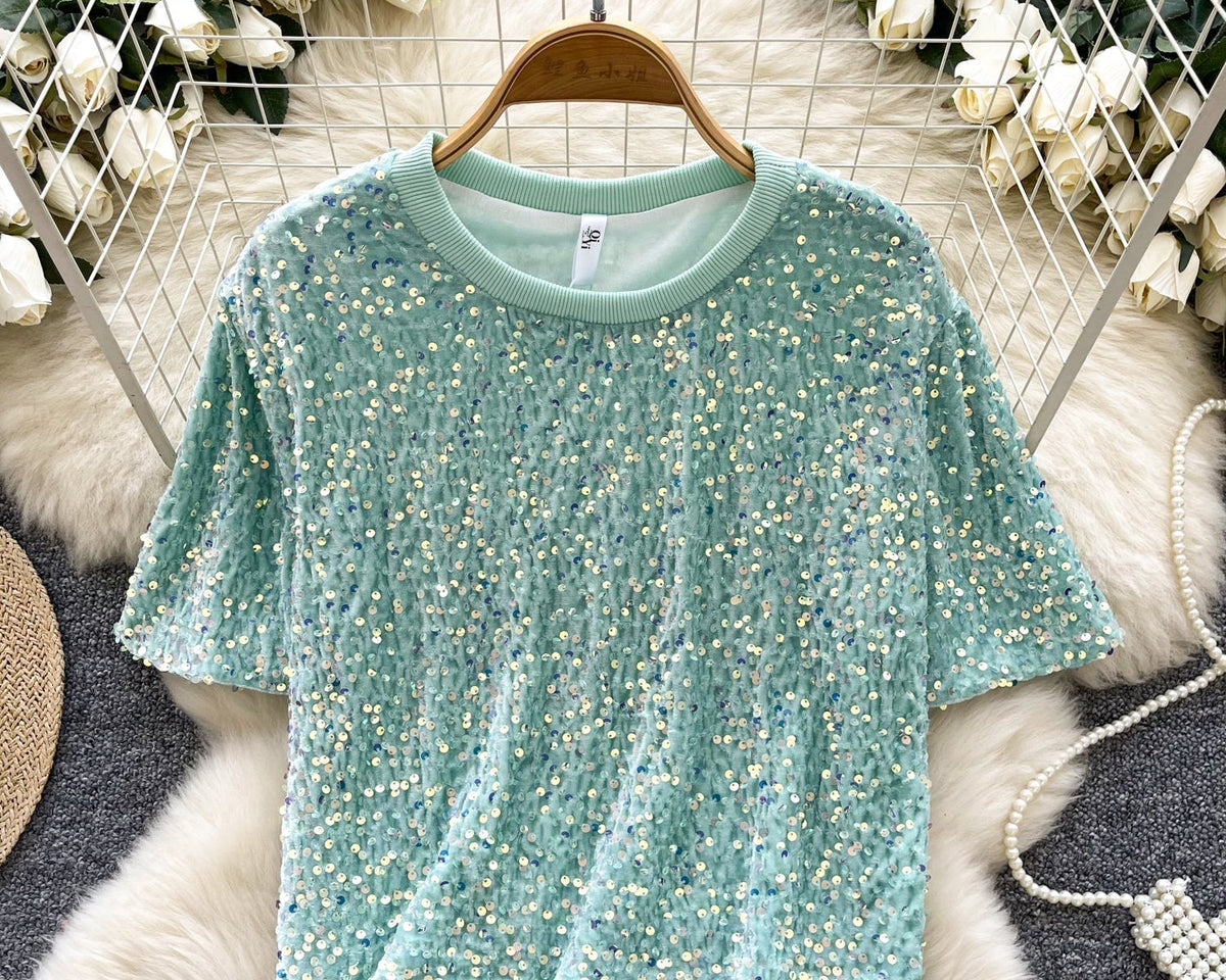 Crew Neck Payetli Kısa Tişört