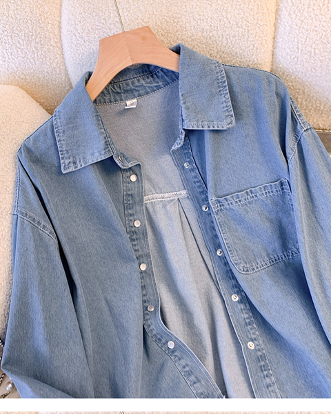 Basit Tasarım Tek Düğmeli Kot Gömlek