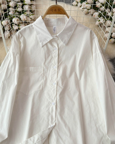 Çiçek Desenli Manşetli Patchwork Beyaz Gömlek