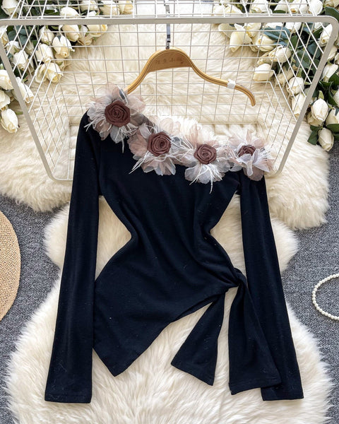 Asimetrik Eğik Yaka Çiçekli Bluz