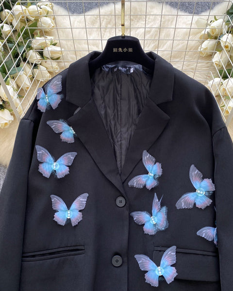 3D Mavi Kelebek Siyah Blazer