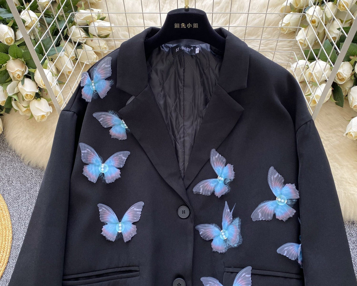 3D Mavi Kelebek Siyah Blazer
