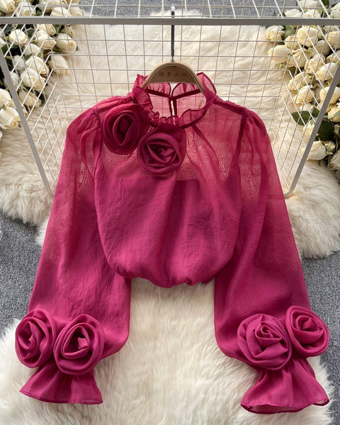 3D Çiçekli Stand Yaka Şifon Gömlek