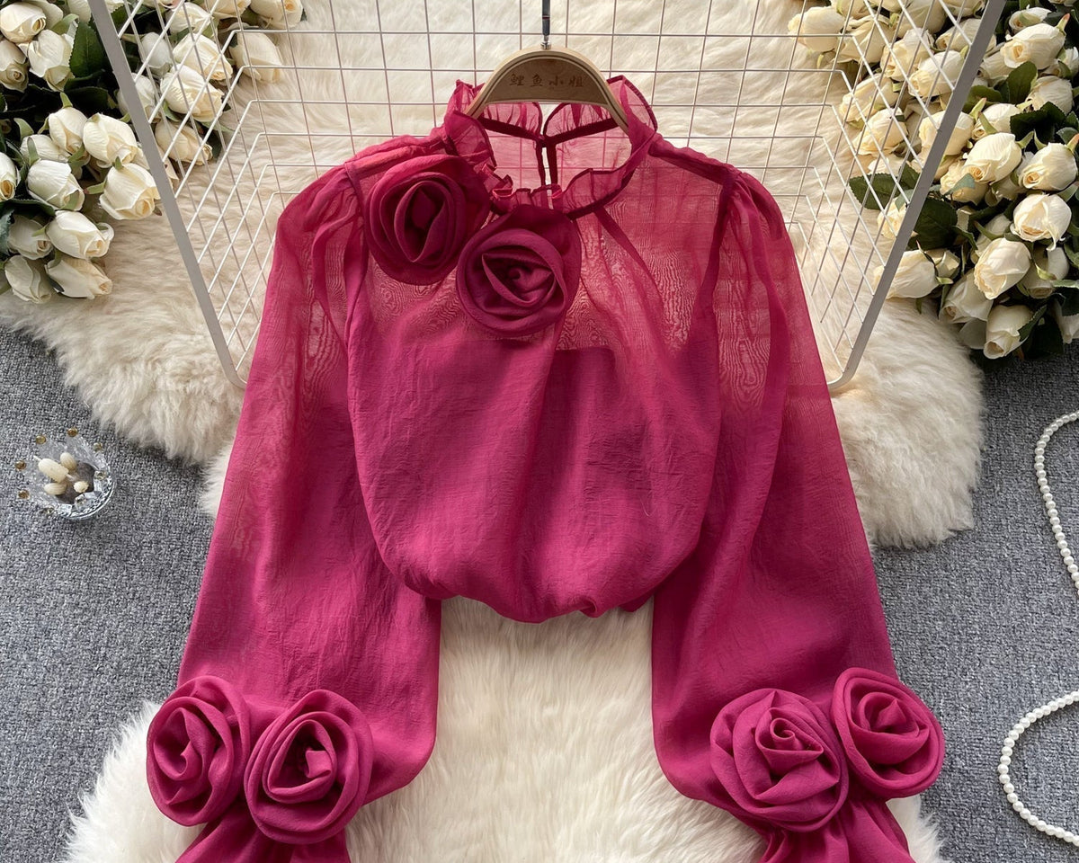 3D Çiçekli Stand Yaka Şifon Gömlek