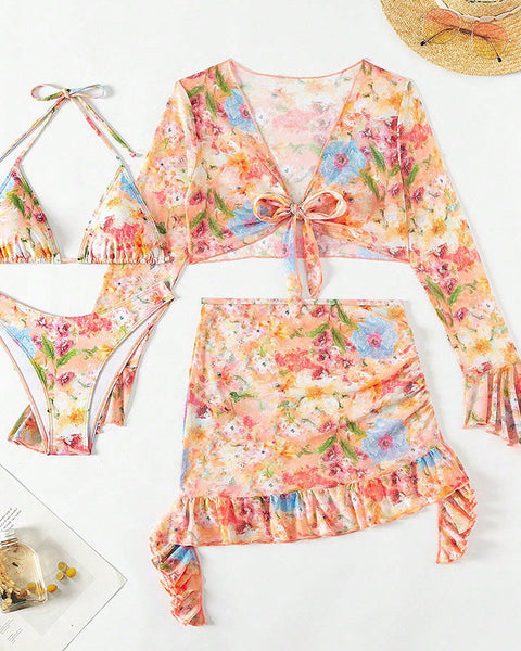 Baskılı Plaj Etekli Bikini 4 Parça Mayo