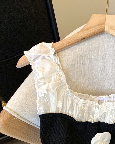 3D Çiçek Desenli Dantel Patchwork Üst