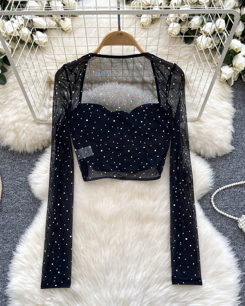 Kristal Taşlı Siyah File Üst