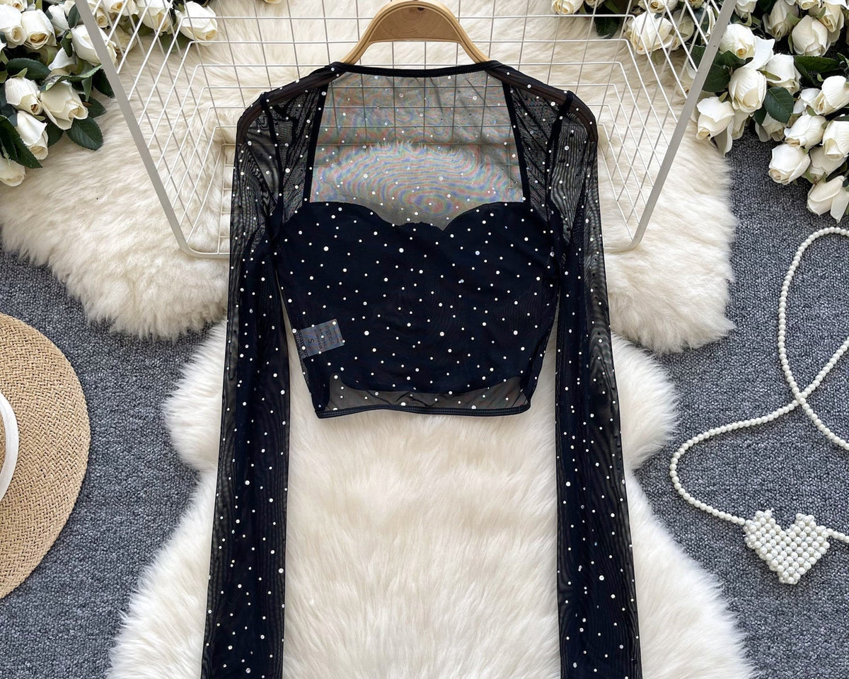 Kristal Taşlı Siyah File Üst