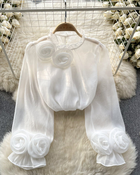 3D Çiçekli Stand Yaka Şifon Gömlek