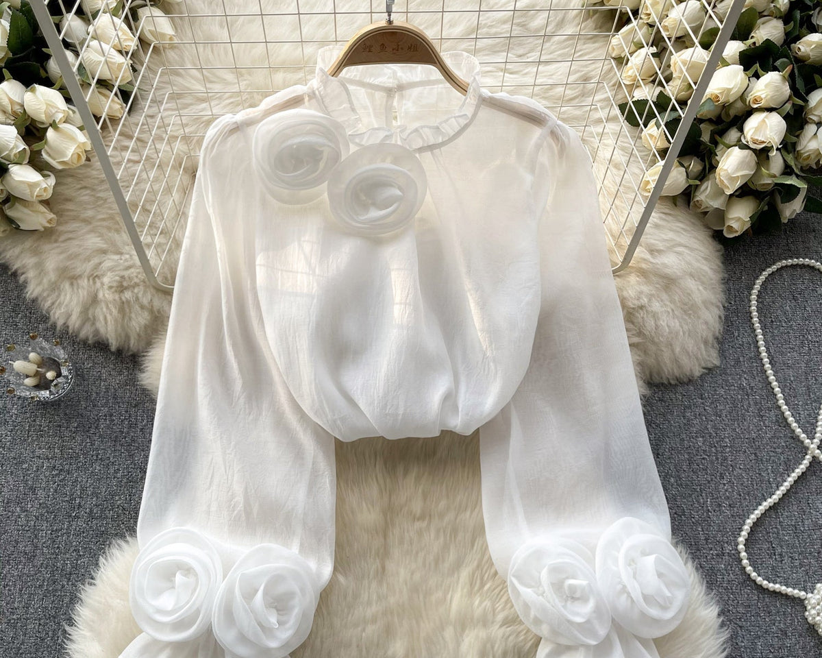 3D Çiçekli Stand Yaka Şifon Gömlek