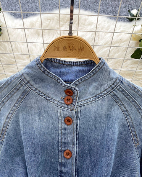 Vintage Düz Yaka Kemerli Kot Gömlek