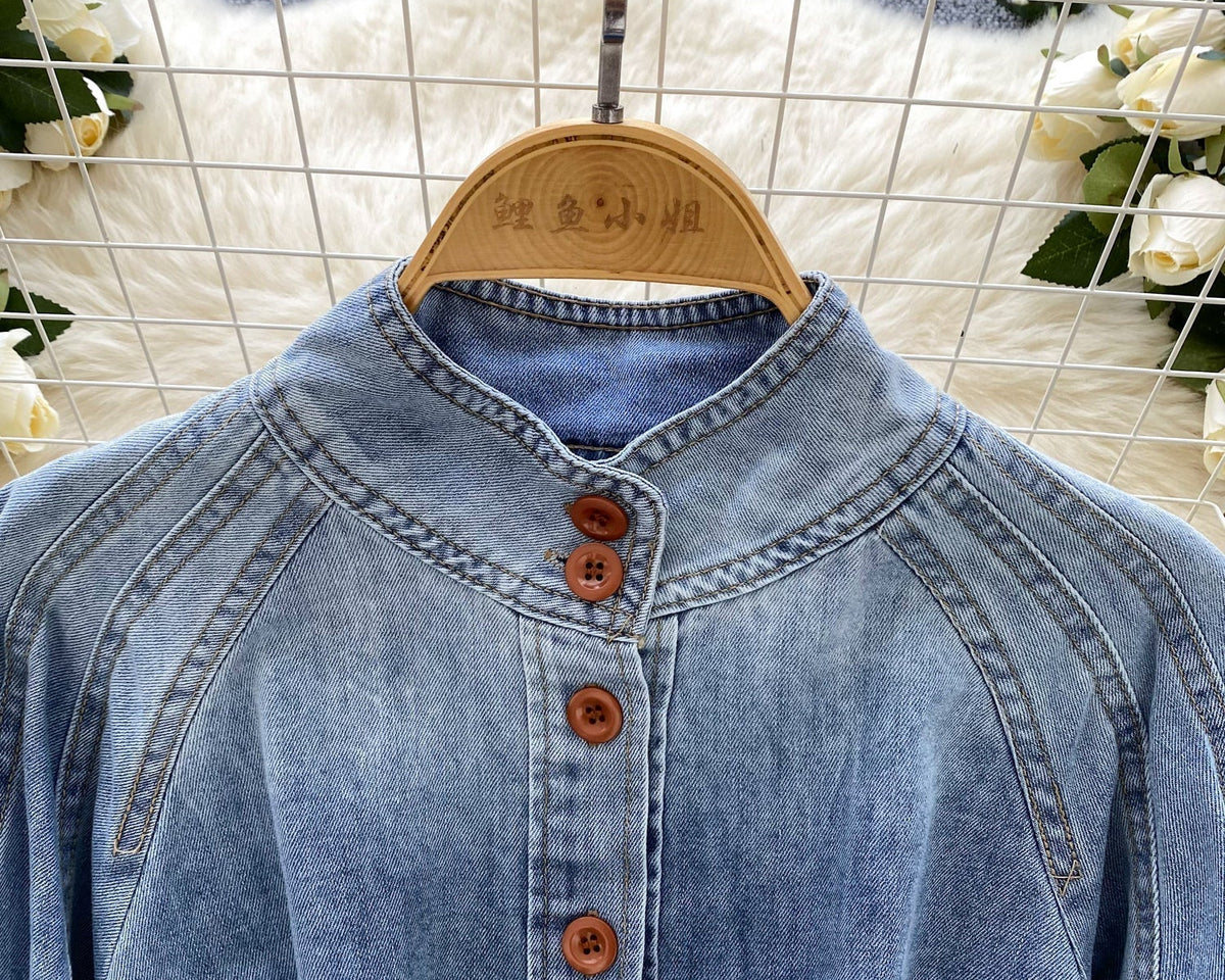 Vintage Düz Yaka Kemerli Kot Gömlek