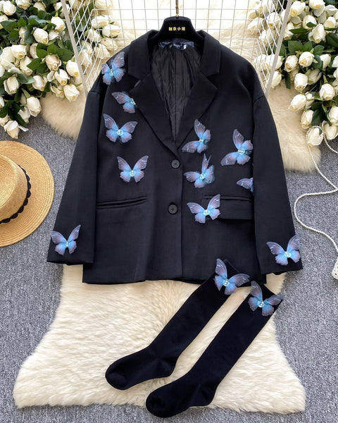3D Mavi Kelebek Siyah Blazer