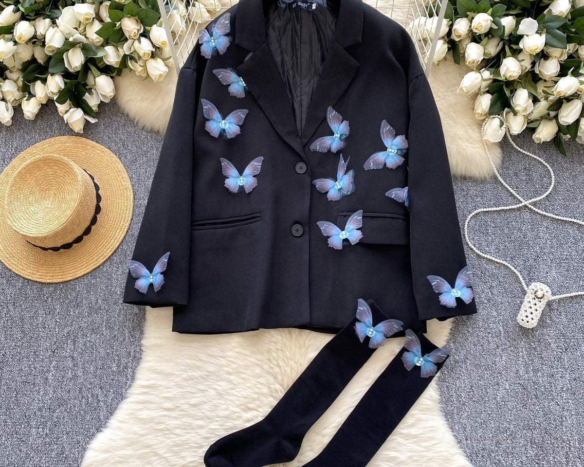 3D Mavi Kelebek Siyah Blazer