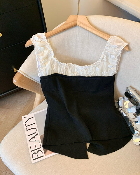 3D Çiçek Desenli Dantel Patchwork Üst