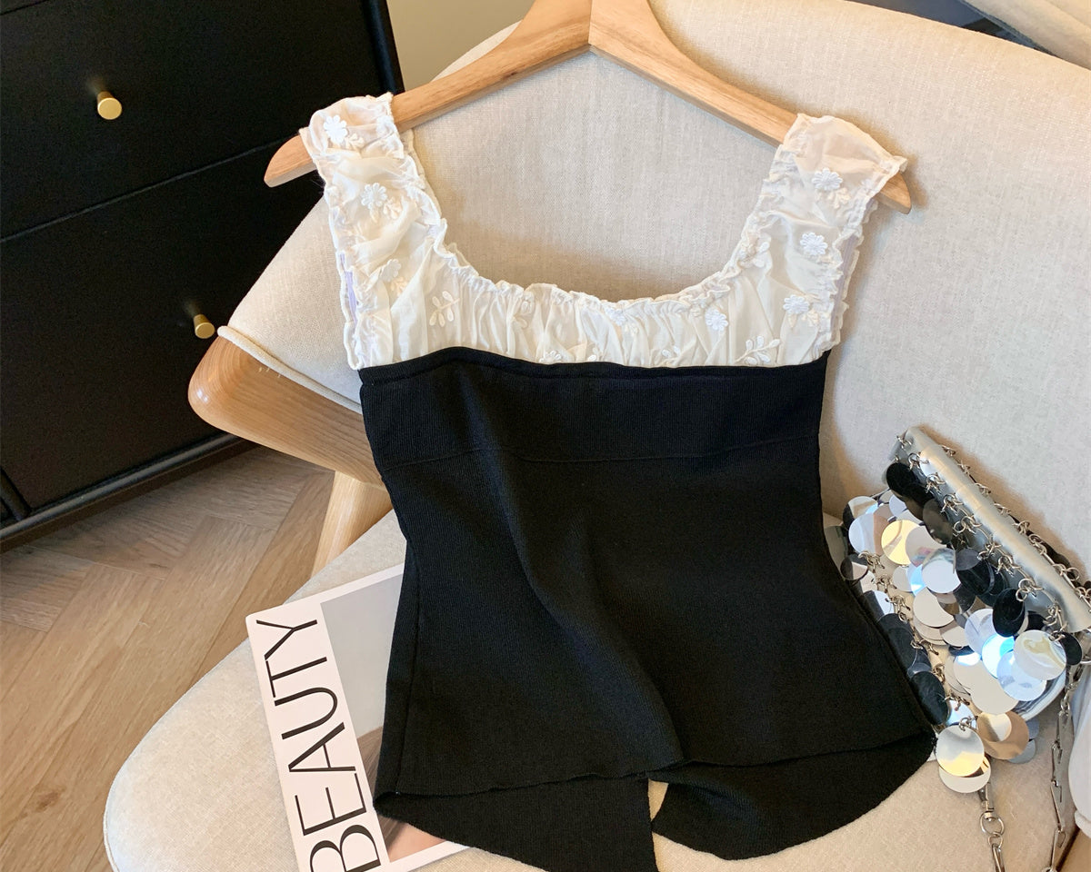 3D Çiçek Desenli Dantel Patchwork Üst