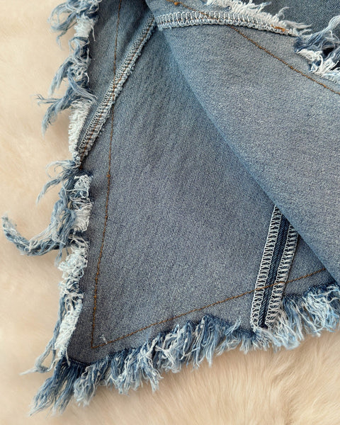 Düzensiz Tasarım Kabarık Denim Sıfır Yaka Bluz