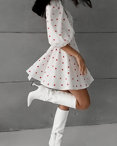 Çiçek Desenli Yüksek Bel Kısa Kollu Elbise