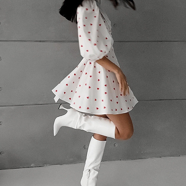 Çiçek Desenli Yüksek Bel Kısa Kollu Elbise