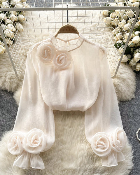 3D Çiçekli Stand Yaka Şifon Gömlek