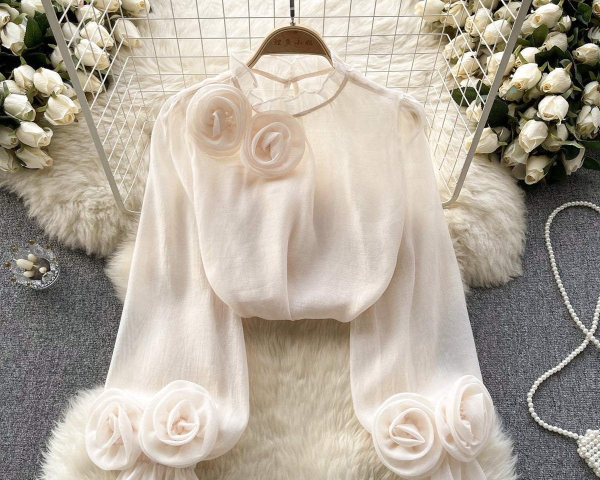 3D Çiçekli Stand Yaka Şifon Gömlek