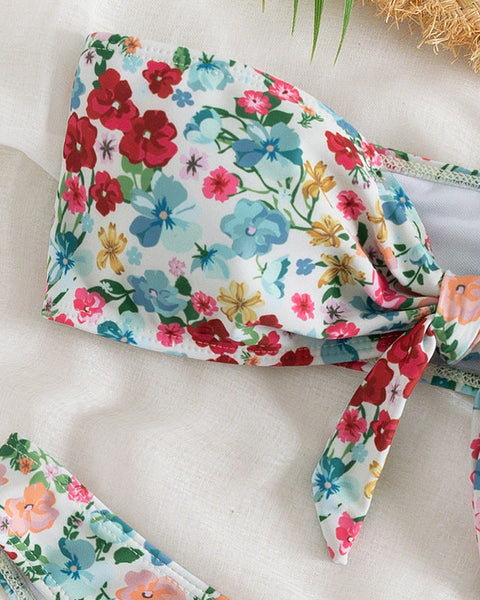 Çiçek Desenli Split Üçgen Spa Bikini