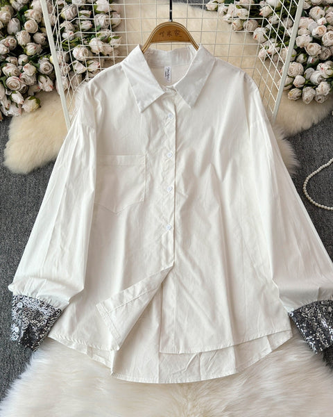 Çiçek Desenli Manşetli Patchwork Beyaz Gömlek