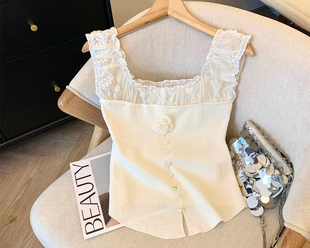 3D Çiçek Desenli Dantel Patchwork Üst